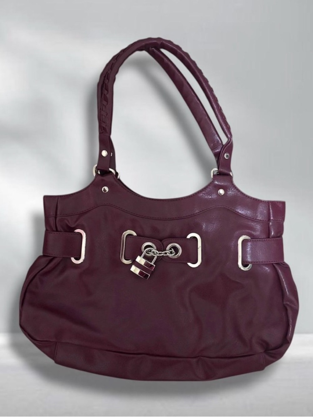 Burgundy Leather Shoulder Tote Bag with Padlock Accent